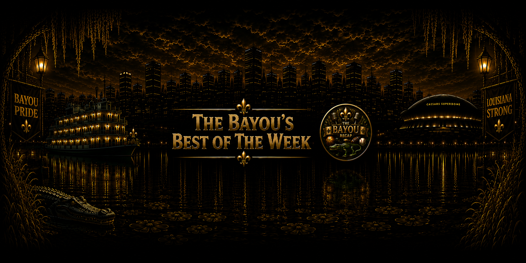 The Bayou's Best of the Week banner featuring the Louisiana skyline, riverboat, Superdome, Bayou Recap logo, and bayou scene