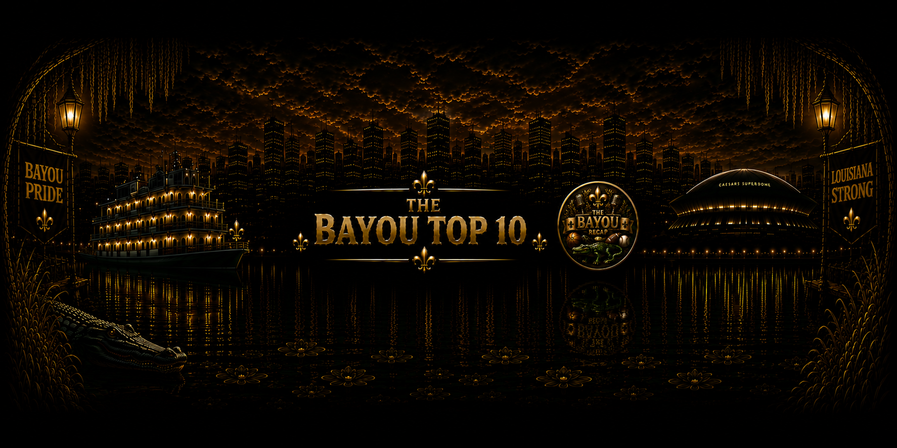 The Bayou Top 10 banner featuring the Louisiana skyline, riverboat, Superdome, Bayou Recap logo, and bayou scene