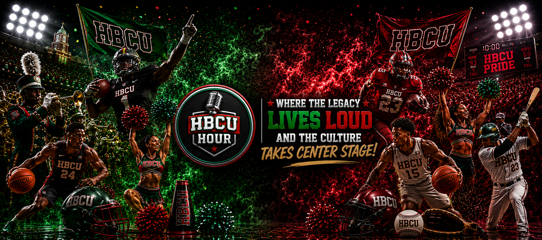 HBCU Hour banner with marching band, cheer, football, basketball, baseball, and stadium lights
